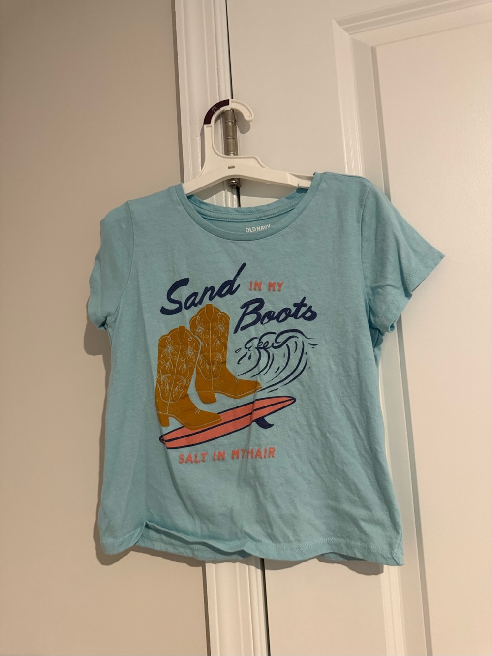 Old Navy Light Blue Graphic Tee with Yellow Boots Medium